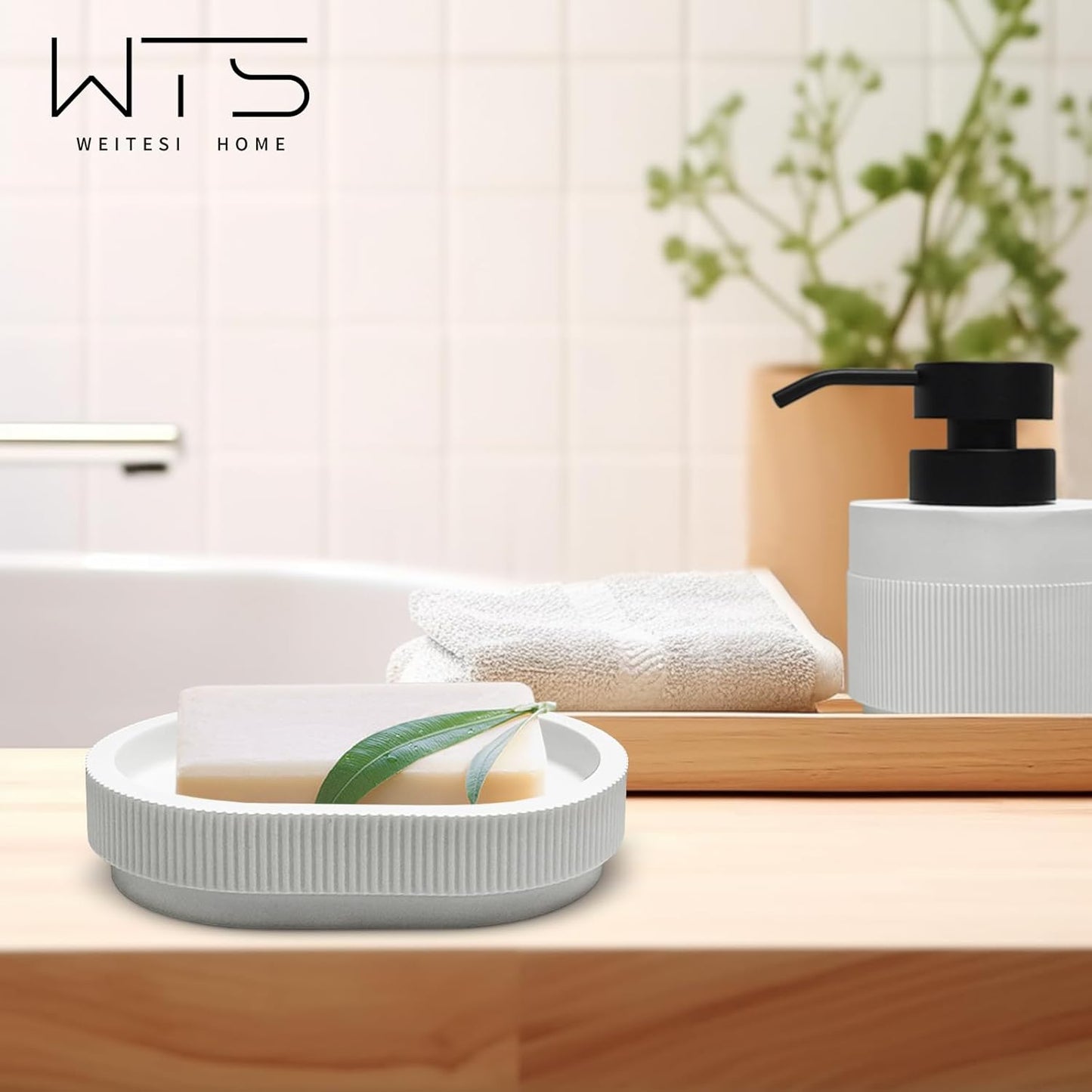 Resin Bathroom Accessories Set, 4 Pcs Modern Bathroom Accessory Set with Liquid Plastic Pump Lotion Soap Dispenser,2 Toothbrush Cup, Soap Dish Countertop Vanity Organizer(White)