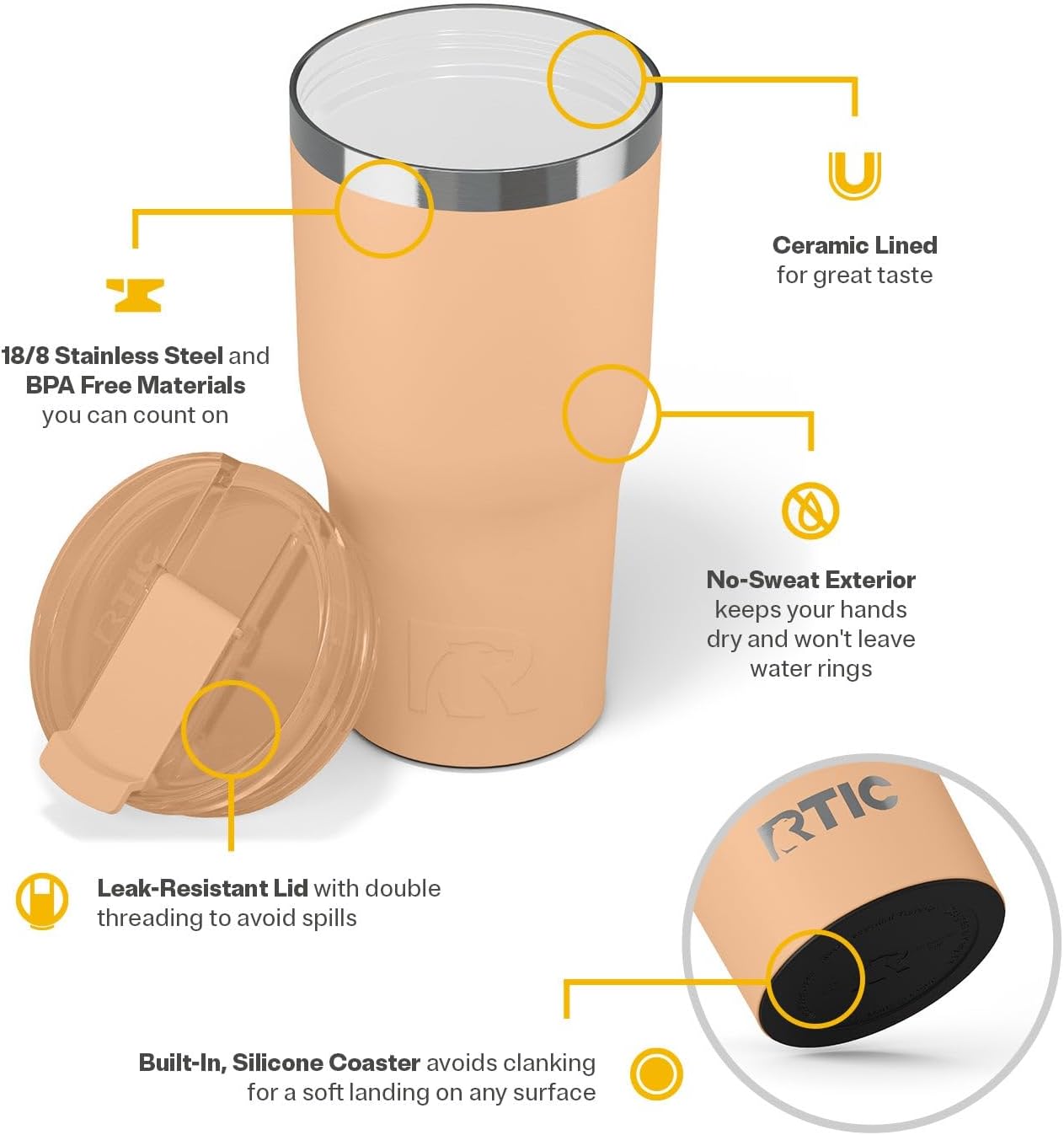 RTIC 30oz Essential Tumbler with Lid, Ceramic Lined, Insulated, Stainless Steel, Metal, Double Wall Vacuum-Insulation, Travel Cup for Iced Coffee, Tea, Hot and Cold Drink, Peach Tea