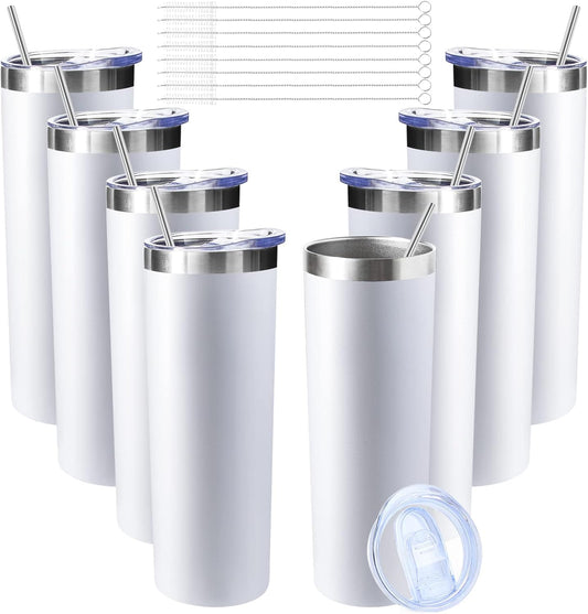 20 oz Skinny Tumblers with Lid and Straw,Stainless Steel Vacuum Insulated Tumbler Cup Double Wall Travel Coffee Mug, Thermal Water Tumbler for Hot and Cold Drinks(White,8)