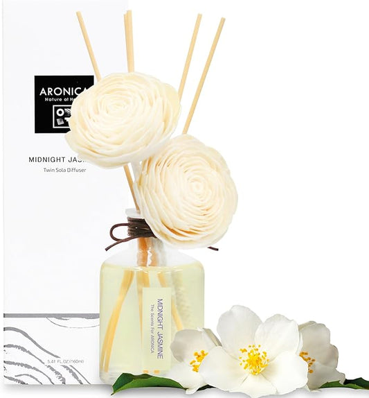 Aronica Twin Sola Diffuser - Midnight Jasmine Fragrance, 160ml / 5.41 Floz, Bedroom Nightstand Table Top Deor, Jasmine Essential Oil defusser with Flower, Bathroom Counter Decor, Apartment Entryway