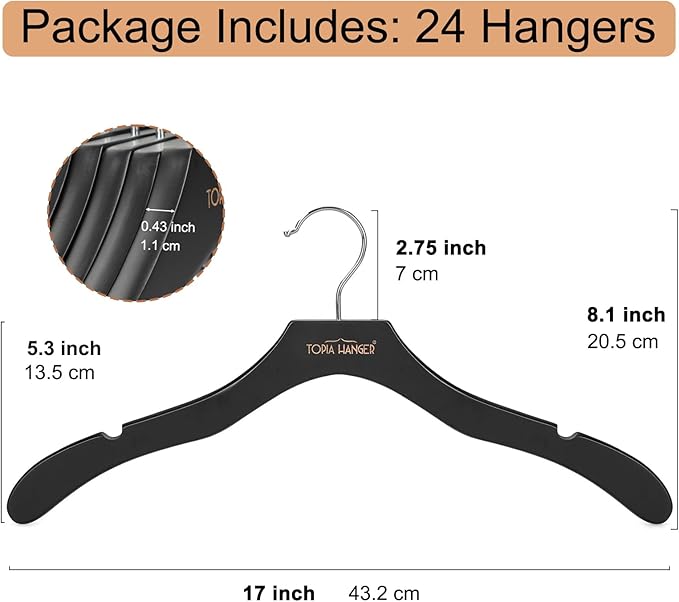 TOPIA HANGER Wooden Coat Hangers 24 Pack, Premium Wood Suit Sweater No Shoulder Bump Hangers, 360° Swivel Hook and Cut Notches Clothes Hangers for Sweater, Hoodie, Shirts, Jackets, Dress, Black CT85B