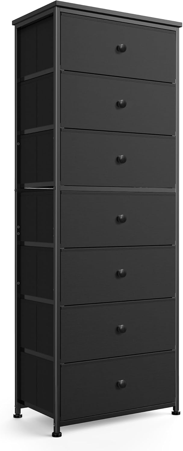 Tall Fabric Dresser for Bedroom, Vertical Storage Organizer Tower with 7 Drawers, Chest of Drawers with Bins, Steel Frame, Wood Top for Bedroom, Closet, Entryway Black