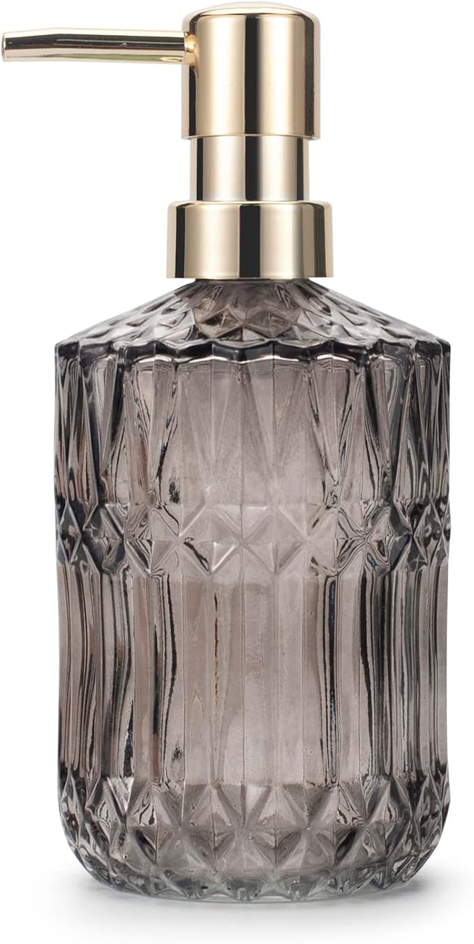 Glass Soap Dispenser 12oz/390ml for Bathroom Kitchen - Hand Soap/Lotion Dispenser With ABS Plastic Pump, Clear Grey