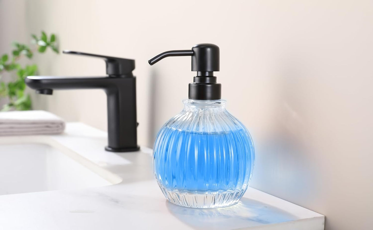 Round Soap Dispenser Bathroom with Black Pump, Glass Pump Bottle with Stainless Steel Pump Liquid Sphere Soap Dispenser Circular Countertop Kitchen
