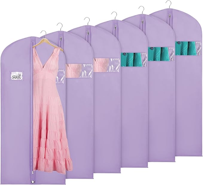 KEEGH Garment Bags for Hanging Clothes 60" (Set of 6) Dress Bags for Gowns Long Dress Bags for Closet Storage with Zipper and Eye-Hole for Folding for Suit Coats Dresses, Purple