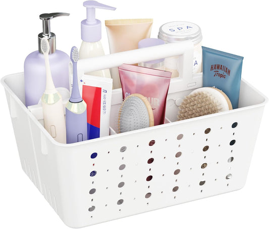 Lifewit Shower Caddy Portable, Plastic Bathroom Organizer with Handle and Holes, Hard Cleaning Basket for Toiletry Storage, College Dorm Essentials, White, 1 Pack, Small