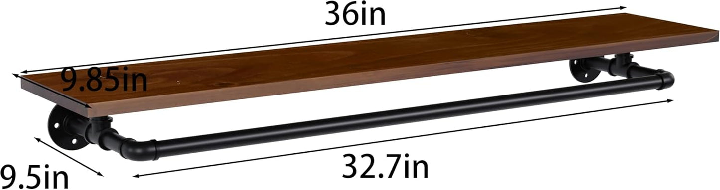 Bathroom Shelves Wall Mounted with Towel Bar, Industrial Pipe Single Tier Floating Shelf, Rustic Wood Shelf 36 Inch for Bathroom Kitchen Living Room Bedroom