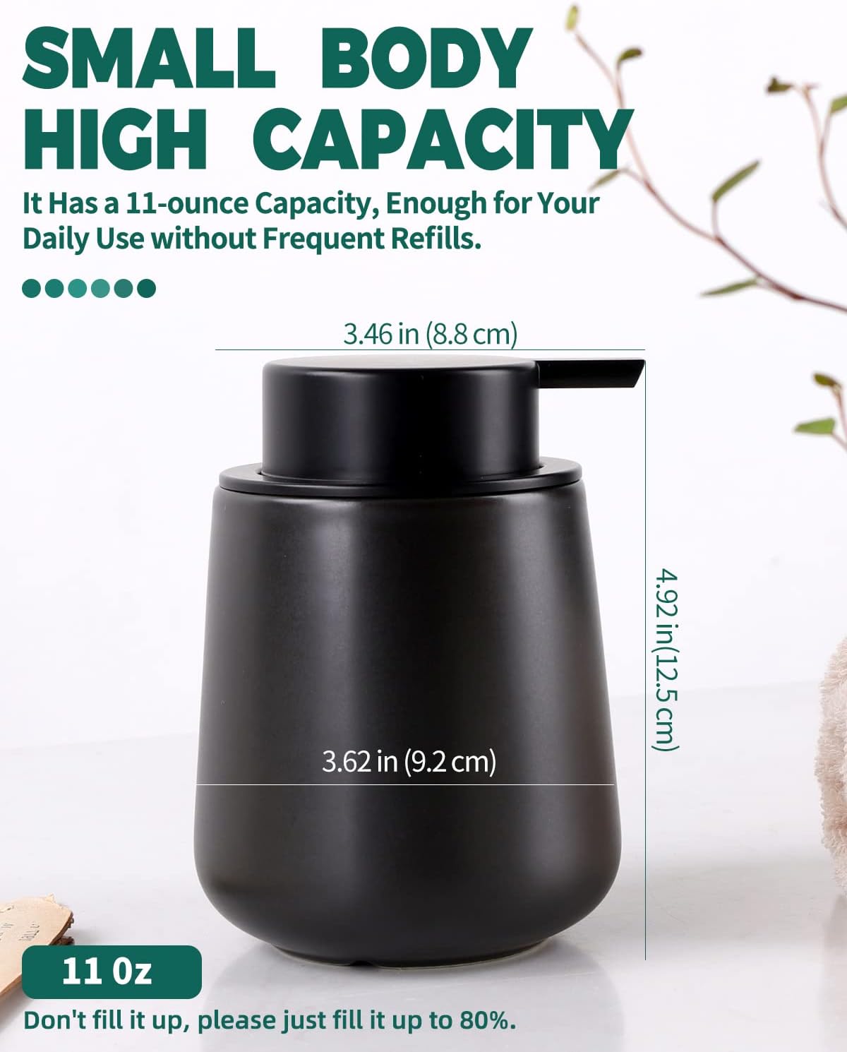 Bosilunlife Black Lotion Dispenser - 12Oz Ceramic Soap Dispenser Bathroom Refillable Liquid Hand Wash Dispenser for Bathroom Kitchen Dish Soap Dispenser with Easy-to-Press Pump