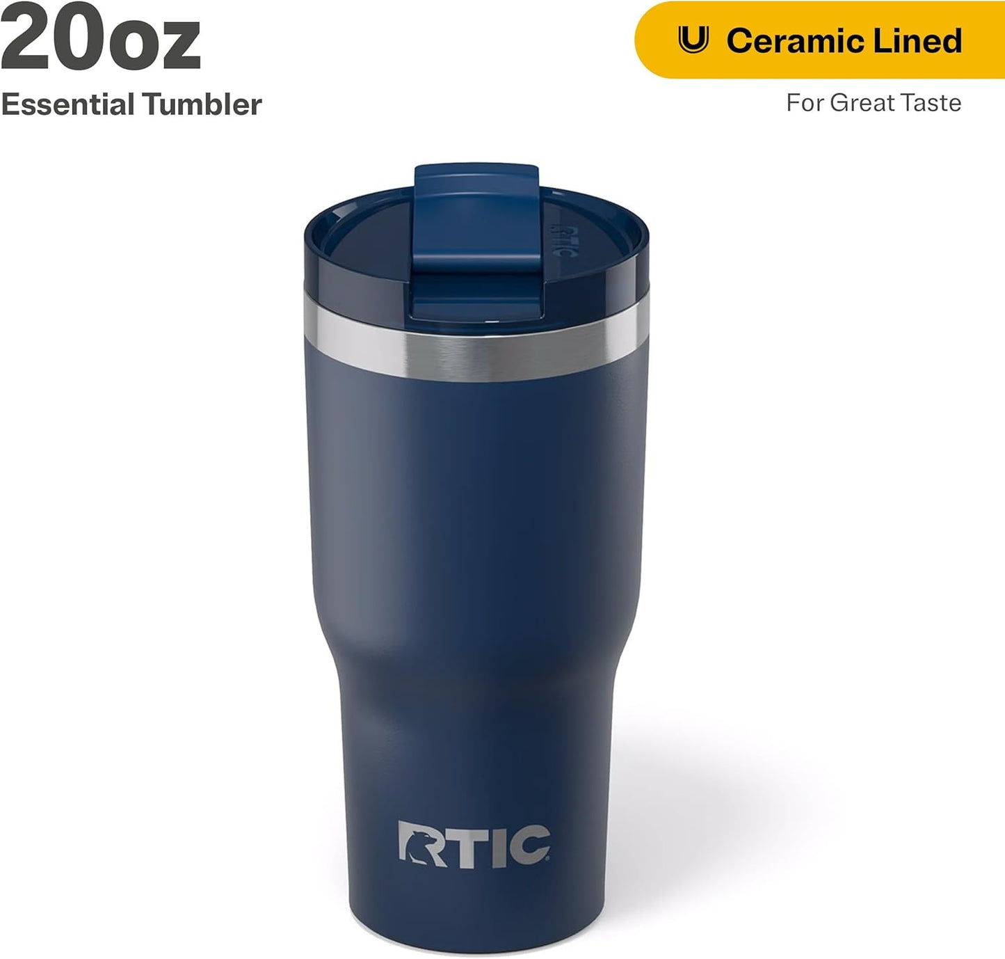 RTIC 20oz Essential Tumbler with Lid, Ceramic Lined, Insulated, Stainless Steel, Metal, Double Wall Vacuum-Insulation, Travel Cup for Iced Coffee, Tea, Hot and Cold Drink, Navy