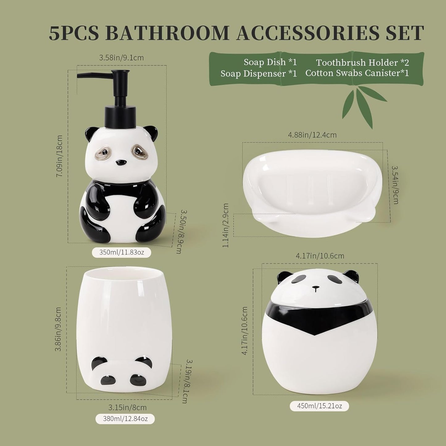 Bathroom Accessory Set 5PCS, Ceramic Bathroom Accessories Set, Cute Panda Bathroom Accessories Sets Complete, Home Apartment Modern Bathroom Decor Vanity Countertop, ANTIS'S HOME