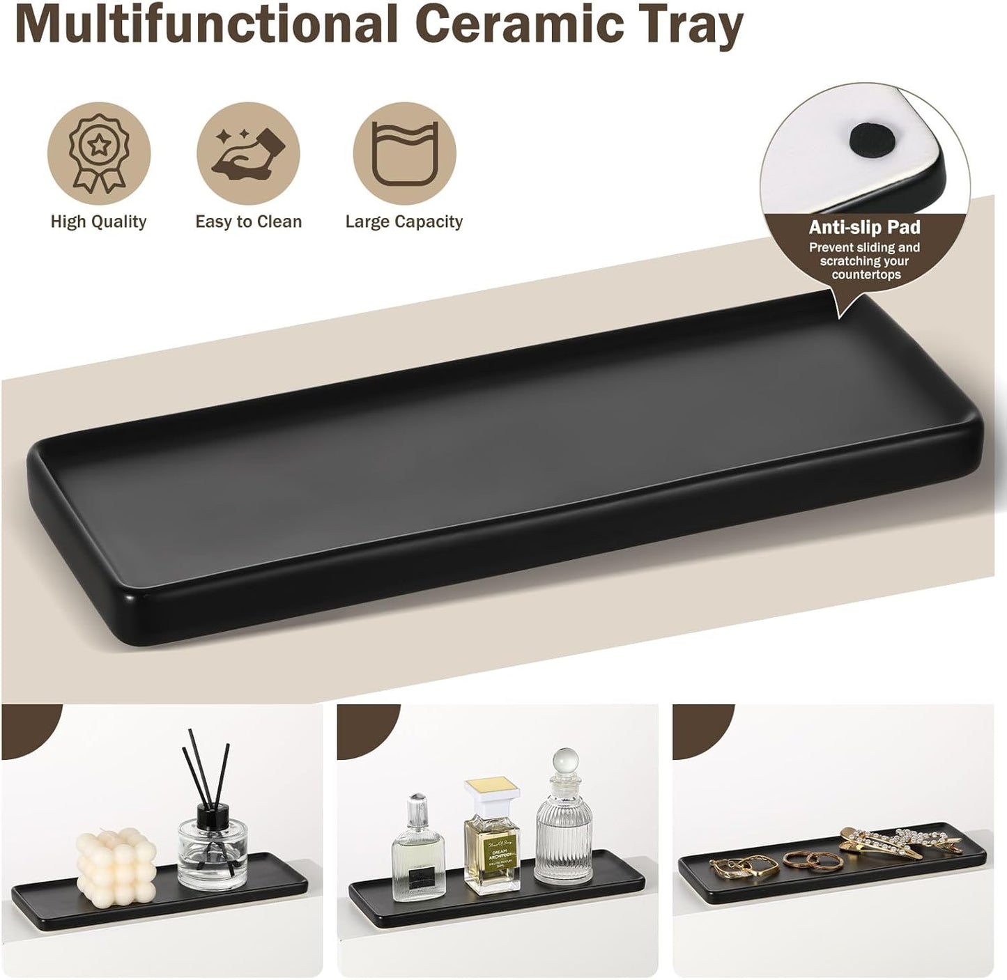 Shinowa Bathroom Accessories Set, 5 Pcs Clear Glass Bathroom Accessory Sets Complete with Soap Dispenser, Toothbrush Holder, Q-Tips Holder, Soap Dish, Ceramic Tray, Vanity Organizer, Brown + Black