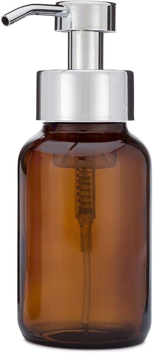 Rail19 Amber Glass Apothecary Foaming Soap Dispenser with Metal Pump - for Kitchen and Bathroom Countertop, 8.5oz (Polished Chrome)