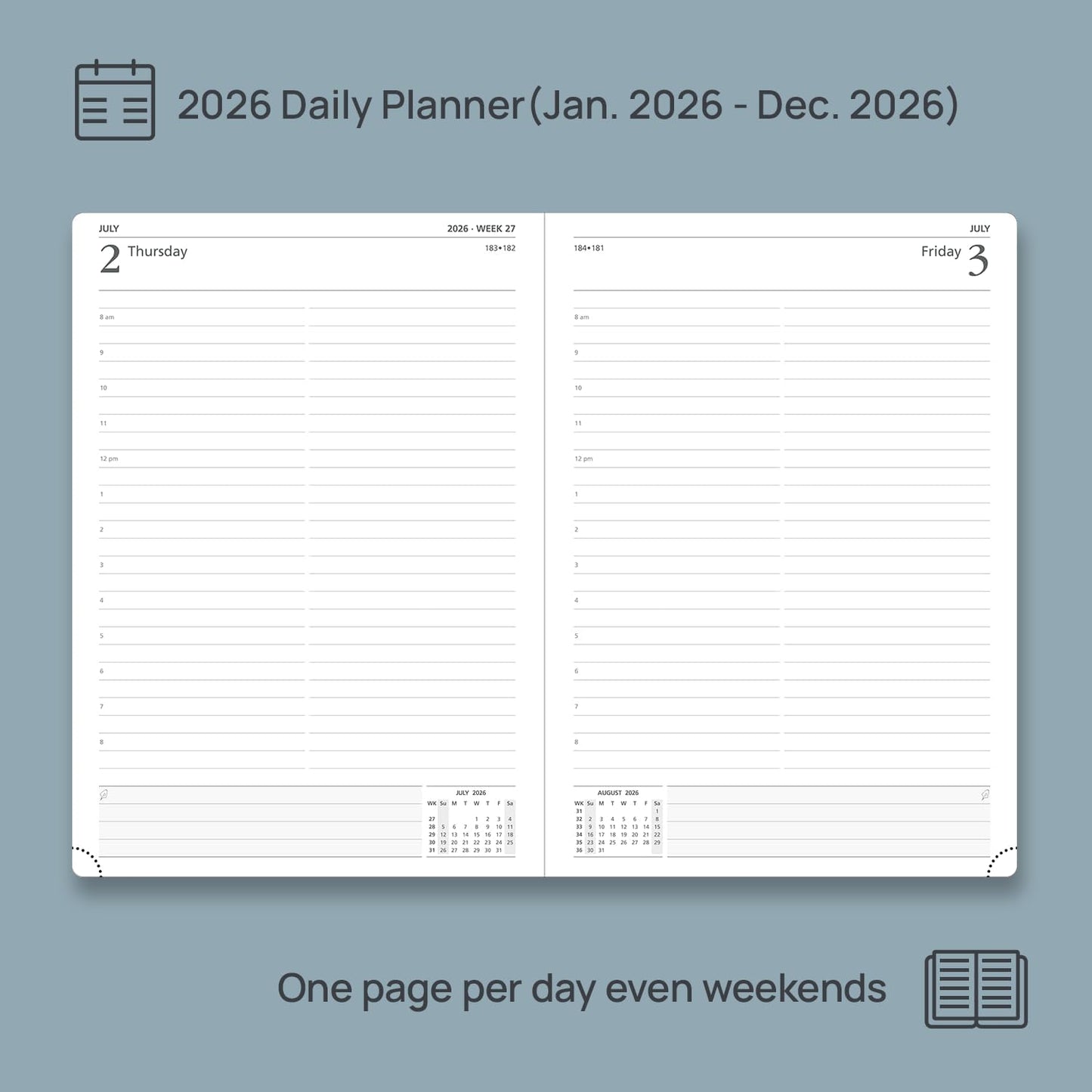 POPRUN 2026 Daily Planner One Page Per Day Even Weekends A4 Large Size (8.5" x 12") - 12 Months Calendar Hourly Appointment Book with Inner Pocket, Pen Holder, Hardcover - Burgundy