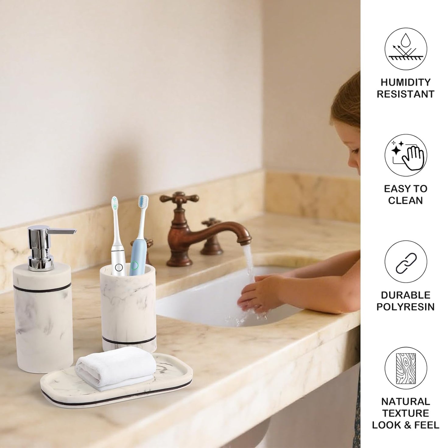 Marble Pattern Bathroom Accessory Set,3 Pieces Resin Bathroom Accessories Set - Lotion Dispenser,Toothbrush Cup,Vanity Tray(Marble White)