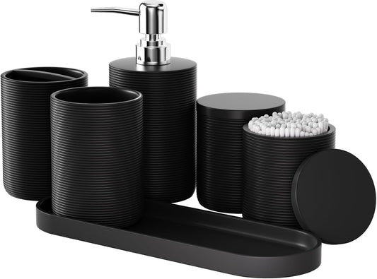 6-Piece Bathroom Accessory Set Resin, Black Bath Accessories Complete with Toothbrush Holder, Lotion Soap Dispenser, 2 Qtip Holders,Vanity Tray,Bathroom Tumbler - Countertop Vanity Organizer