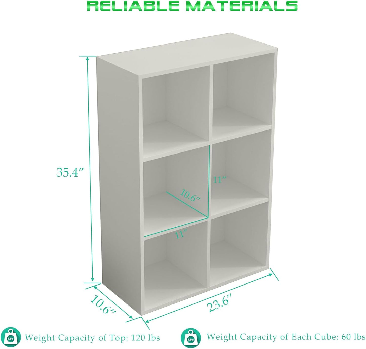 6-Cube Storage Shelf Bookcase - Wooden 3-Tier Floor Standing Open Bookshelf for Home and Office, Display Cabinet, Warm White