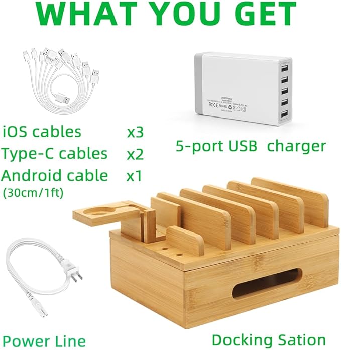 Bamboo Charging Station for Multiple Devices, Desk Wood Docking Station for Phones, Tablets, Watch, Earbuds, Charger Organizer Included 6 Cables & 5-Port USB Charger