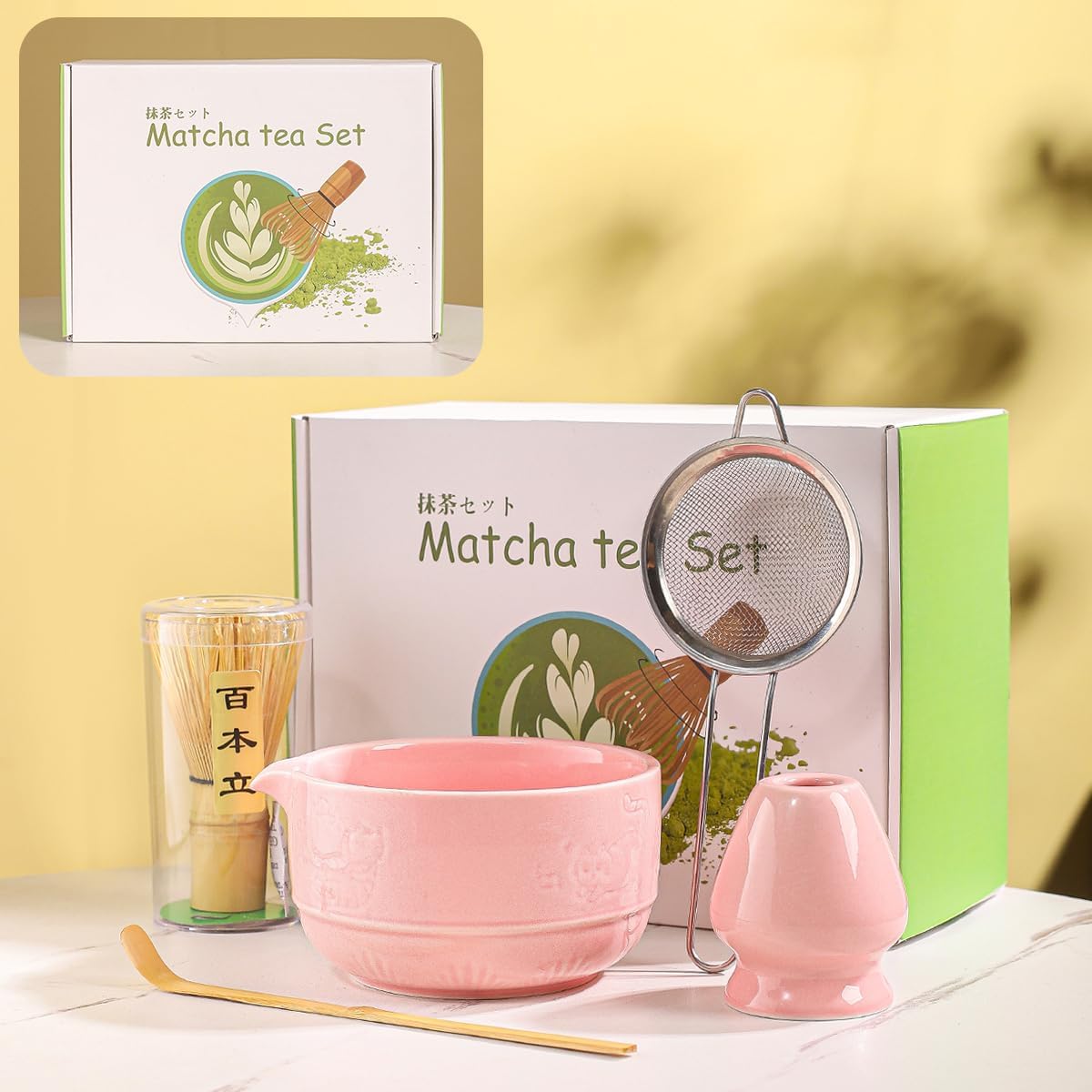 Matcha Tea Set, 5-Piece Ceramic Matcha Bowl & Whisk Kit with Cute Cat Pattern, Traditional Japanese Chawan, Scoop & Sifter, Perfect for Tea Ceremony, Gift for & Tea Lovers (pink)