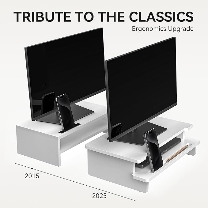 Monitor Stand Monitor Stand Riser for Desk,Wood Desk Shelf Storage Organizer with Phone Tablet Holder (16.5 Inch, White)