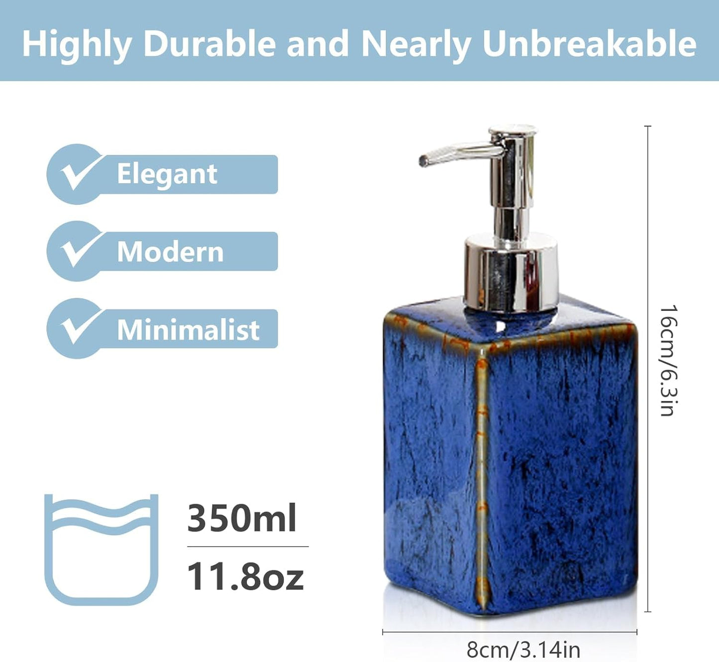 jessie Ceramic Hand Soap Dispenser Bathroom,Kiln Variable Glaze Lotion Dispenser with Pump 11.8 oz Modern Vintage Dish Soap Dispenser Refillable Liquid Soap Bottles for Bathroom Kitchen (Blue)