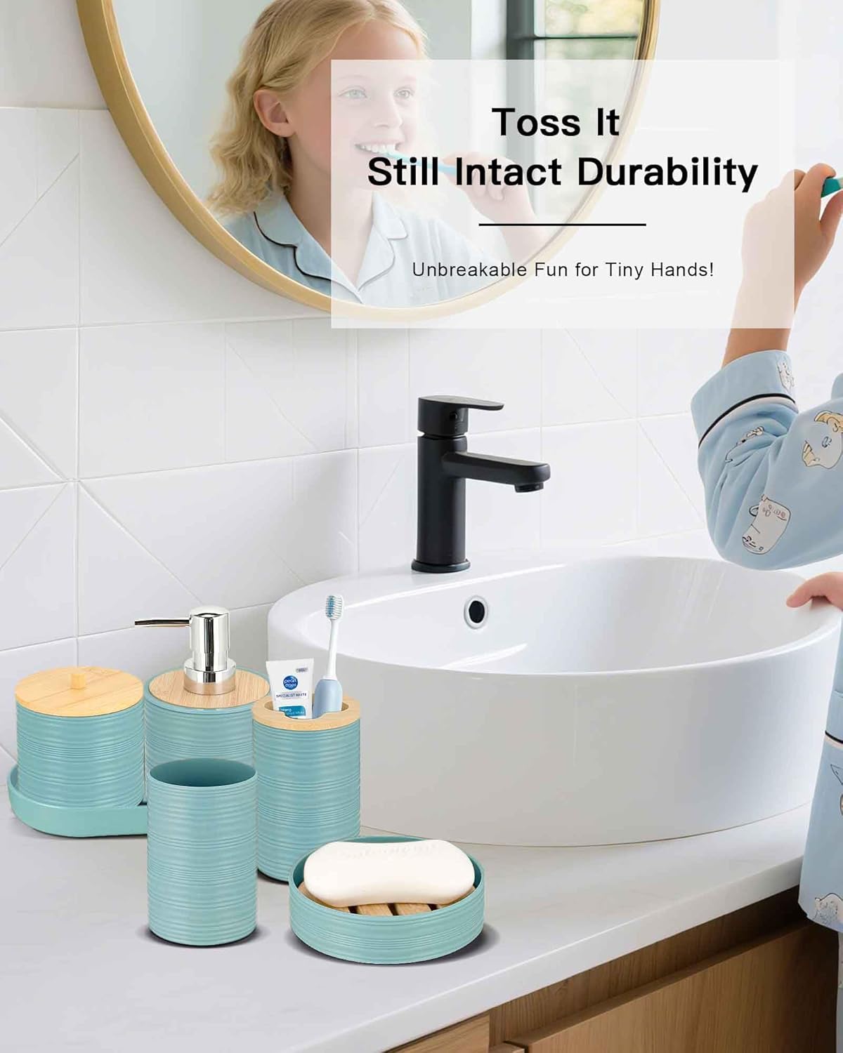 IMAVO Blue Bathroom Set,26Pcs Bathroom Accessories Set with Waffle Shower Curtain,Rugs,Trash Can,Tray,Soap Dispenser,Soap Dish,Toothbrush Holder,Toothbrush Cup,Toilet Brush Holder and Qtip Holders