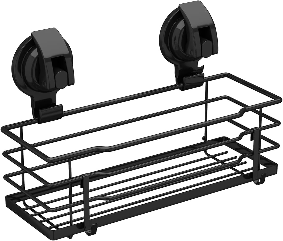 Suction Cup Shower Caddy, Shower Shelf Soap Dish with Hooks for Razor, Sponge, Rust Proof 304 Stainless Steel, Black