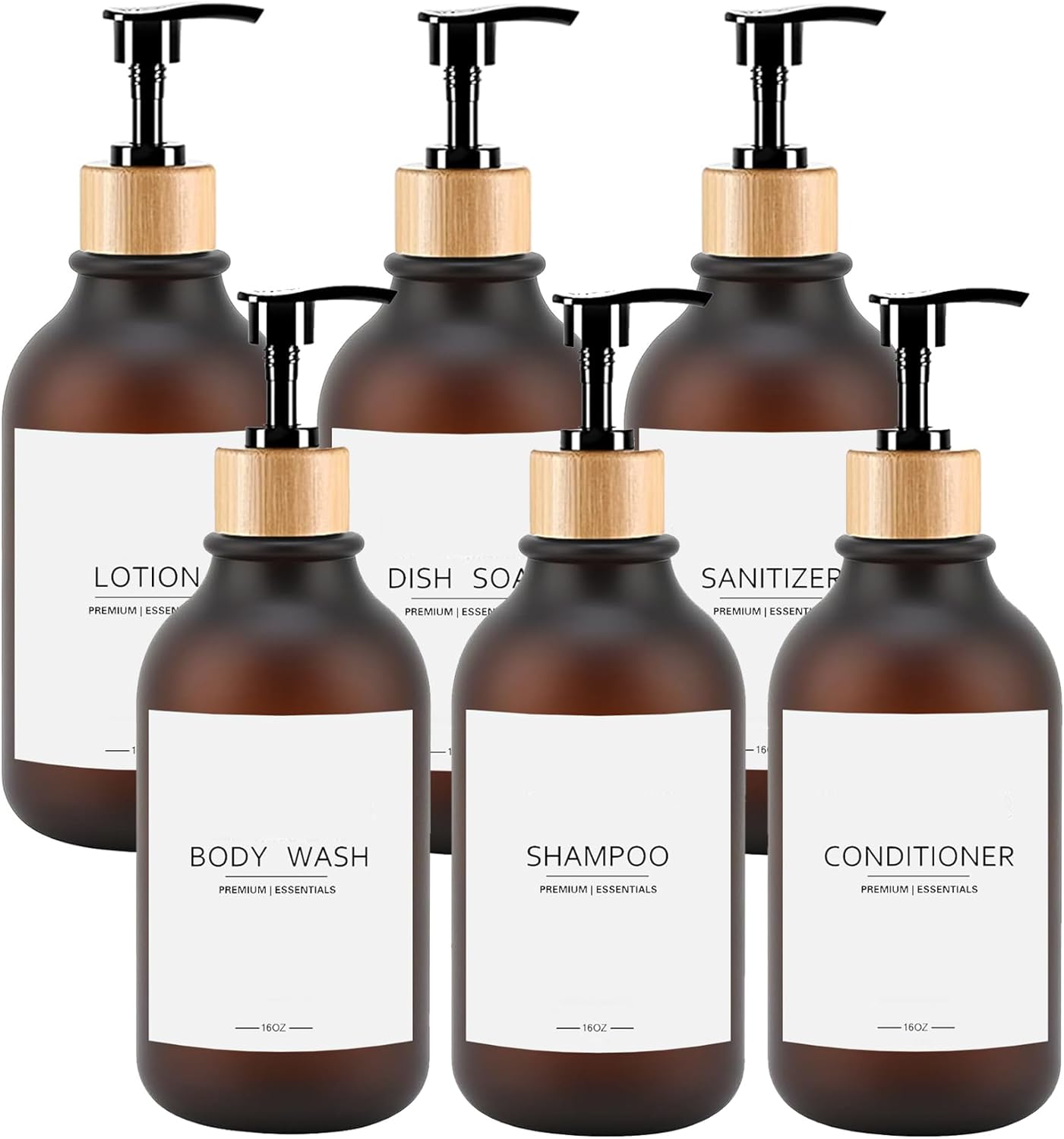 Frosted Plastic Shampoo and Conditioner Bottles, Apothecary Dispenser Bamboo Pump, Refillable Bottles for Shower Lotion, Oil, Hand Soap, Sanitizer, Liquid Soap, Set of 3 with 9 Labels (6, Matte Amber)