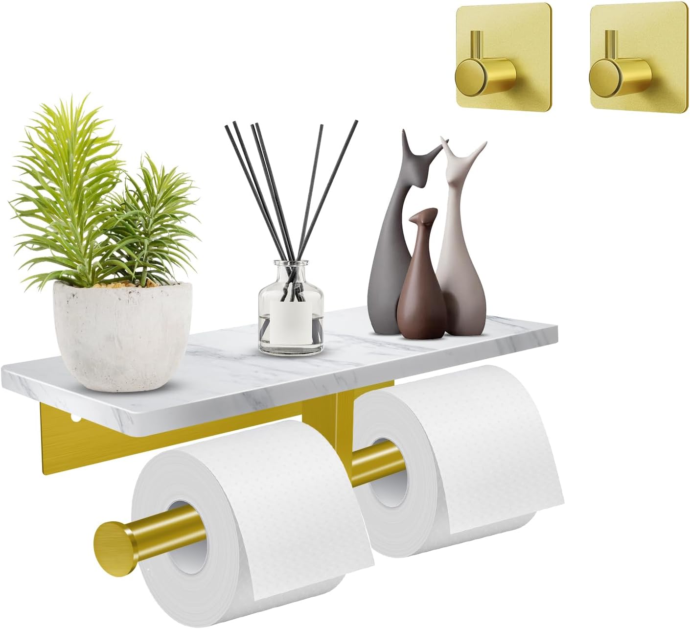 HrontaToilet Paper Holder with Shelf, Double Toilet Paper Holder Wall Mount and 2PCS Free Adhesive Hooks for Bathroom Washroom, Marble Toilet Paper Holder Gold