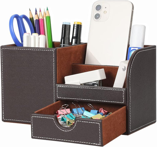 KINGFOM Desk Organizer Office Supplies Caddy Pu Leather Multi-function Storage Box Pen/Pencil,Cell phone, Business Name Cards Remote Control Holder with Small Drawer Brown