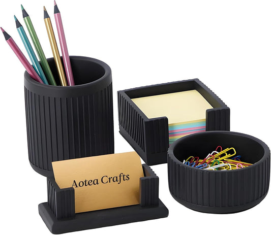 Set of 4 - Aesthetic Desk Accessories For Modern, Industrial, Minimalist Office Decor- Concrete Desk Organizers Accessories For Women or Men- Pen, Business Card Holder & Sticky Note, Paper Clip Holder