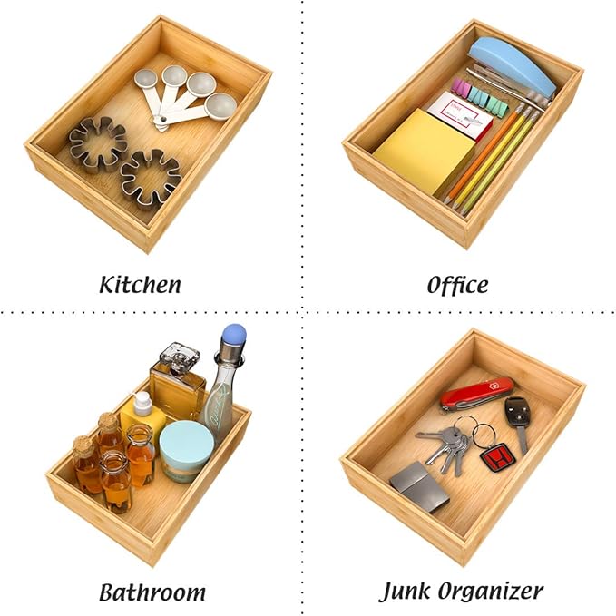 Utensil Organizer Silverware Drawer Organizer - Stackable Bamboo Flatware Caddy Cutlery Holder, Wooden Storage Boxes Tray for Bedroom,Office, Bathroom, Vanity & Garage Tool Organization(9"6"2.5")