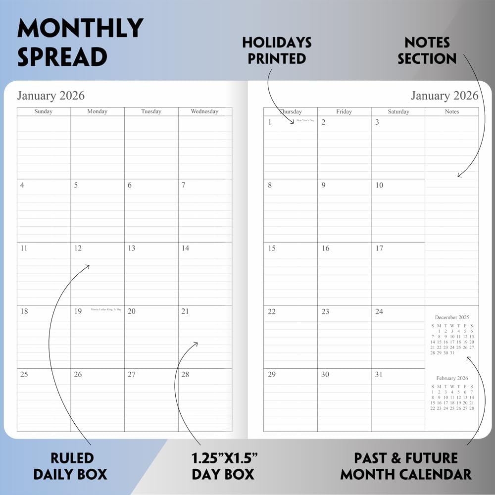 2025-2026 Planner - Weekly and Monthly Planner, Oct 2025 - Dec 2026, Holidays, Contacts and Notes Pages, Vegan Leather Cover, Elastic Closure, 5.5”x8.25”, Grey