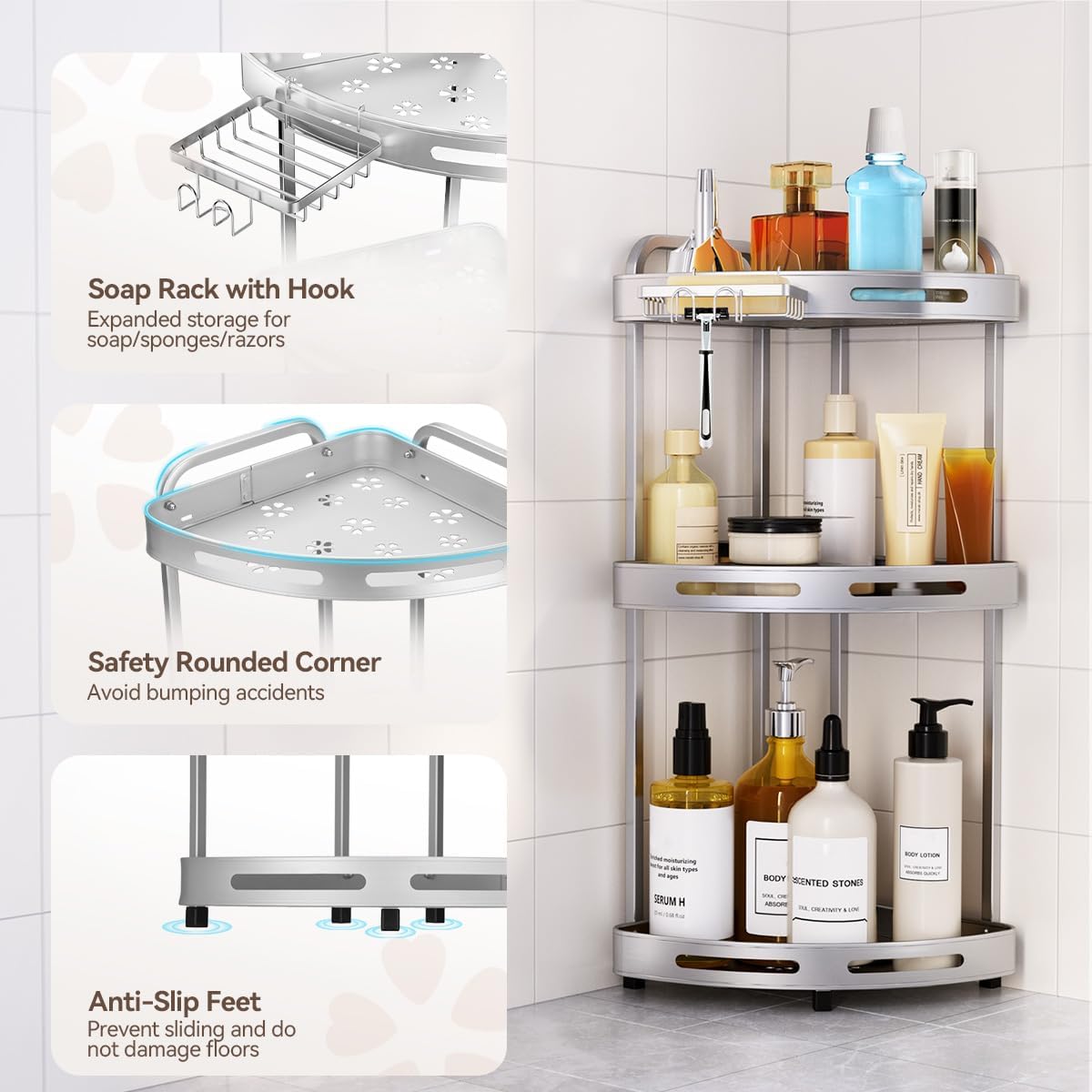 Corner Shower Caddy Standing, 3 Tier Shower Organizer Stand with Soap Holder, Rustproof Shower Shelves for Bathroom Storage, Silver