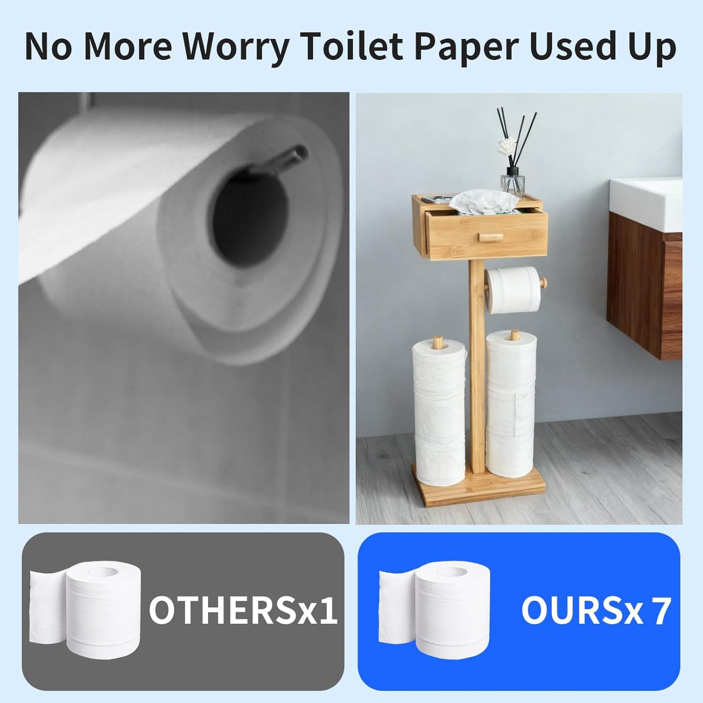 Freestanding Toilet Paper Holder Stand with Shelf, Bamboo Toilet Paper Roll Holder with Wet Wipes Storage Drawer,Bathroom(2 Rods,Stores 6 Rolls)