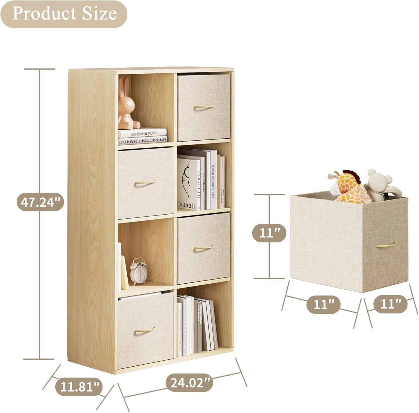 8 Cube Storage Organizer - Solid Wood Bookshelf with 4 Storage Bins, Cube Shelf with 2 Removable Back Panels, Vertical or Horizontal Bookcase, Open Book Shelf for Bedroom, Living Room, Office