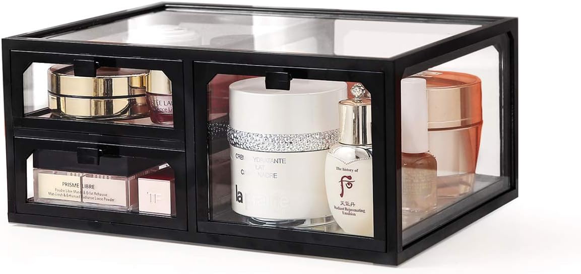 MOOCHI Black Vintage Glass Cosmetic Makeup Organizer 3 Drawers Set Dust Waterproof Cosmetics Storage Display Case Countertop for Brushes Lipsticks Jewelry