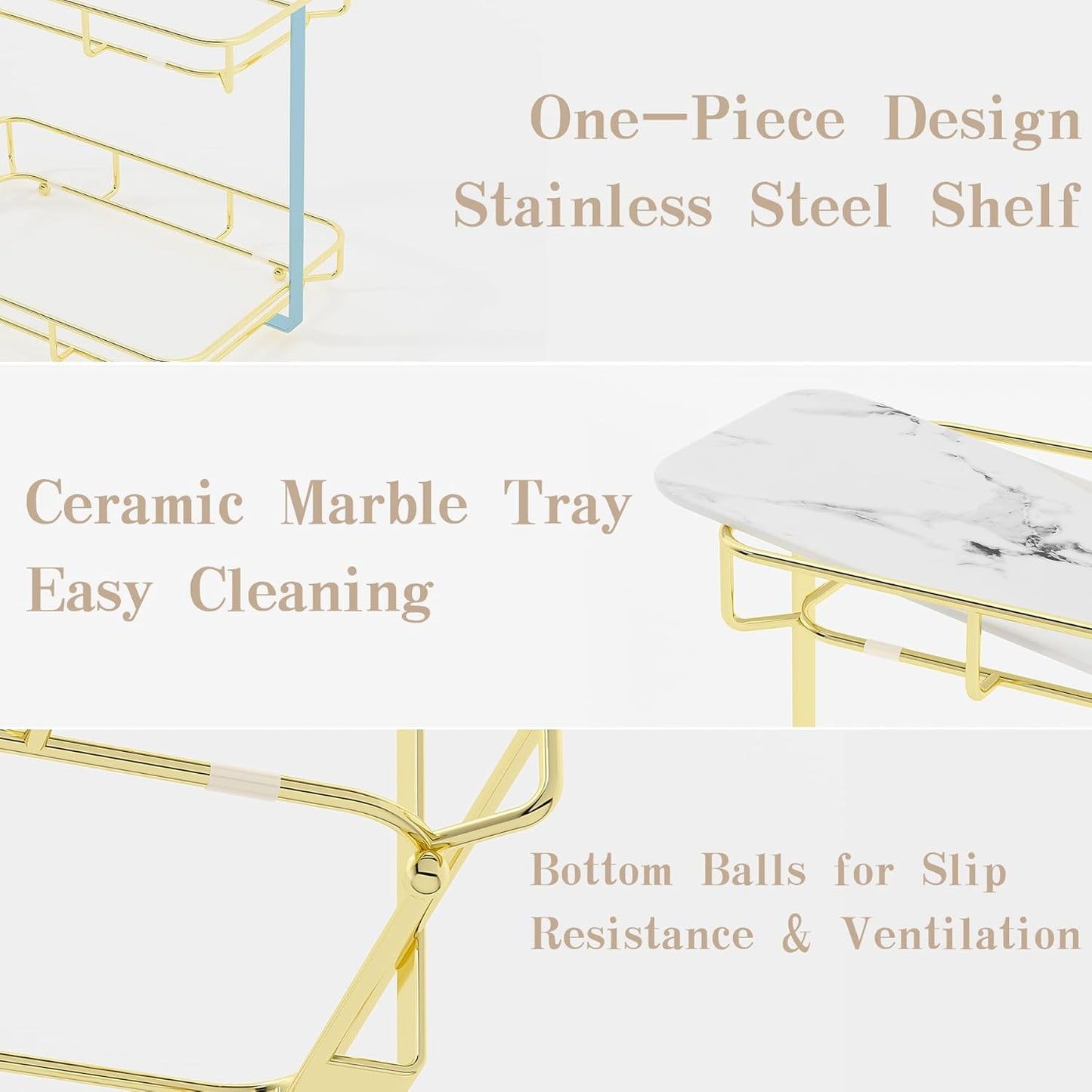 Bathroom Organizer Countertop Perfume Organizer Makeup Organizer Cosmetics Storage Display Rack Vanity Tray Dresser Stainless Steel Gold Shelf White Marble Ceramic Tray