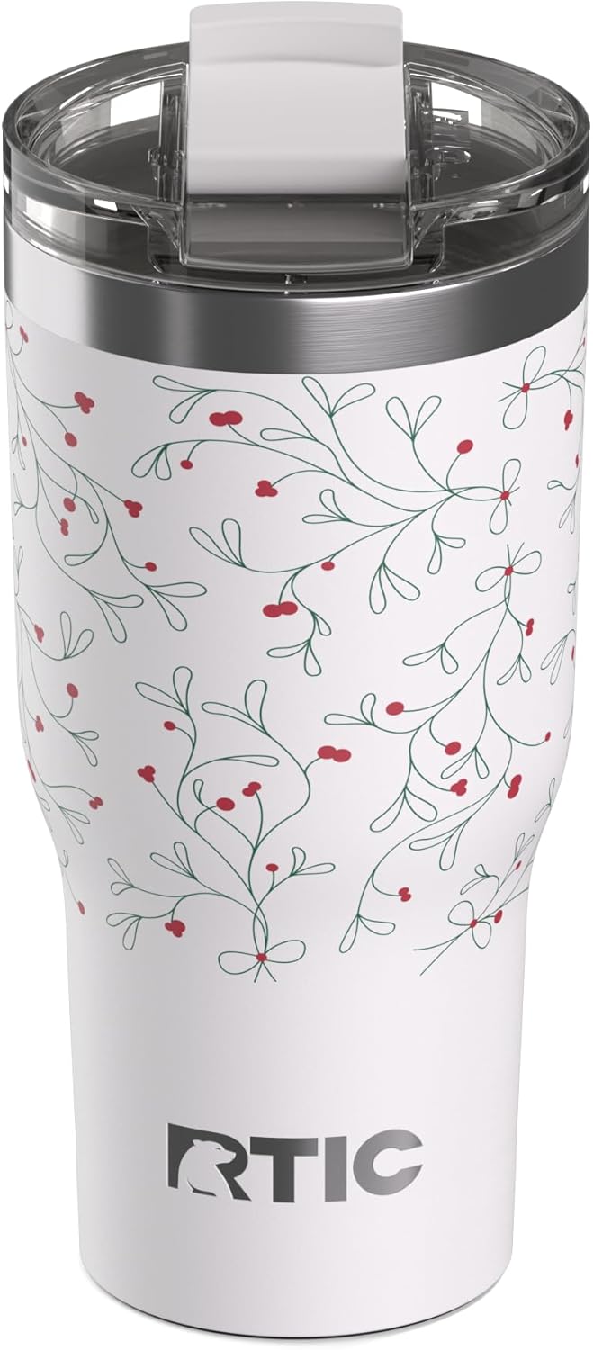 RTIC 20oz Essential Tumbler with Lid, Ceramic Lined, Insulated, Stainless Steel, Metal, Double Wall Vacuum-Insulation, Travel Cup for Iced Coffee, Tea, Hot and Cold Drink, Mistletoe