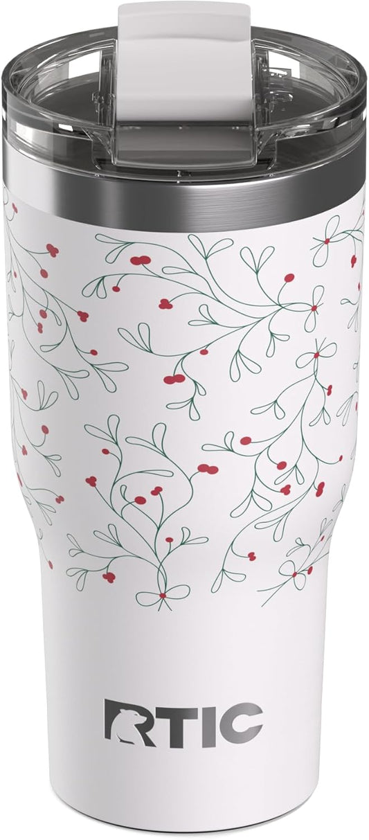 RTIC 20oz Essential Tumbler with Lid, Ceramic Lined, Insulated, Stainless Steel, Metal, Double Wall Vacuum-Insulation, Travel Cup for Iced Coffee, Tea, Hot and Cold Drink, Mistletoe