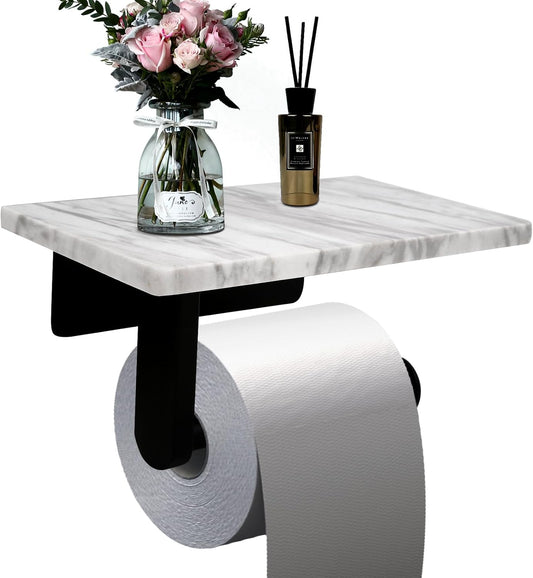 Toilet Paper Holder with Natural Marble Shelf for Bathroom Washroom,Wall Mounted Tissue Holder Suitable for Mega Rol(Middle 7.87 * 4.72 in, Matte Black)