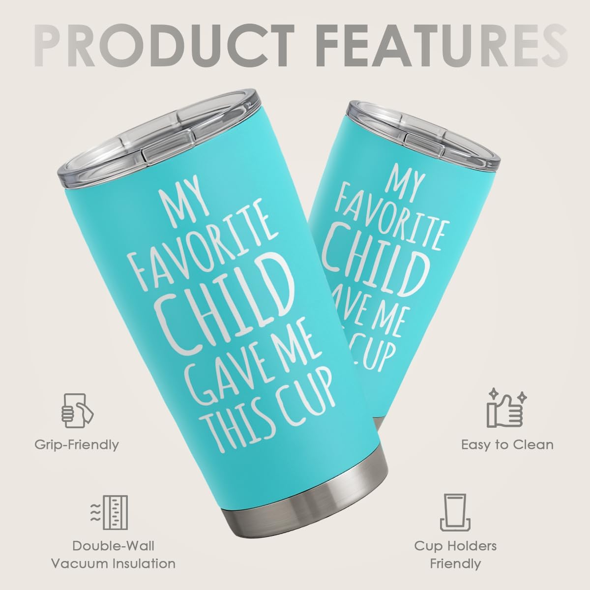 SANDJEST Mom Tumbler Gift for Mom from Son, Daughter - My Favorite Child Gave Me This Cup 20oz Insulated Travel Mug - Awesome Mother's Day, Birthday, Christmas Tumblers Gifts Idea for Moms