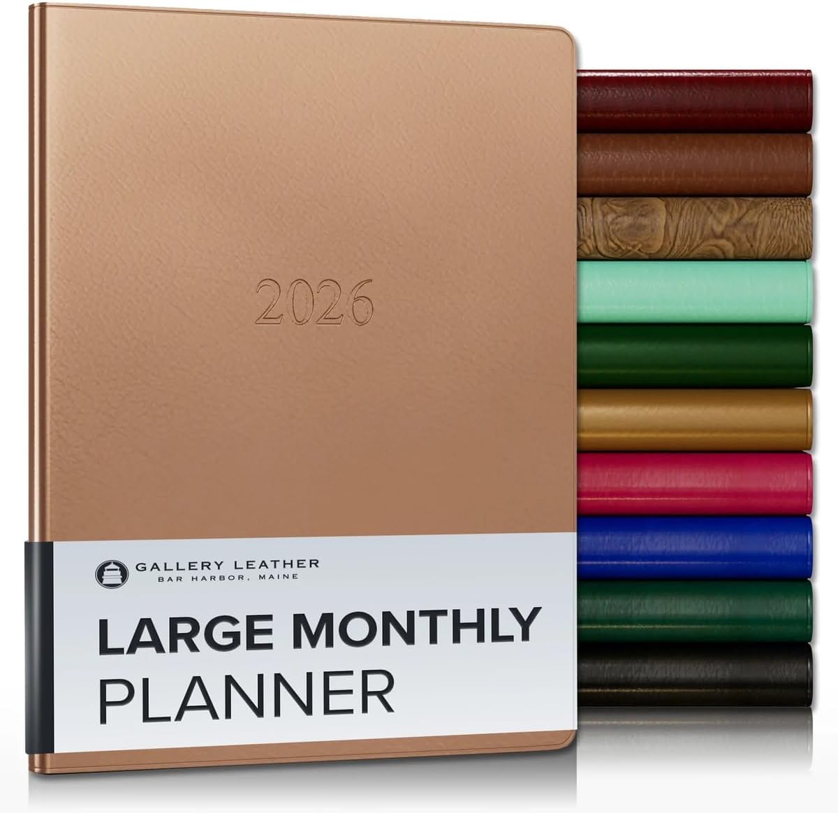 Gallery Leather Large Monthly Planner 2025-2026, Elegantly Bound Calendar Planner and Notebook with Stylish Gold-Gilded Page Edges, 18 Months - Freeport Metallic Rose Gold - 9.75x7.5"