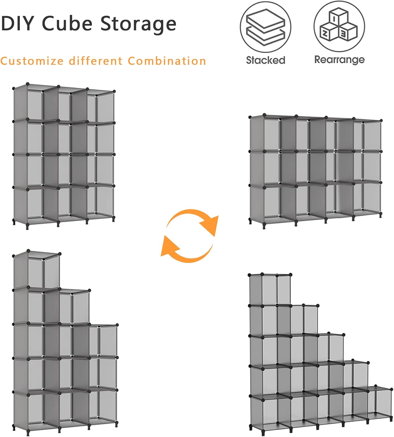 AWTATOS Cube Storage Organizer Closet Storage Cubes Shelves Bookshelf Clothes Organizer DIY Plastic 12 Cube Shelves for Home, Bedroom, Grey ULPZ022
