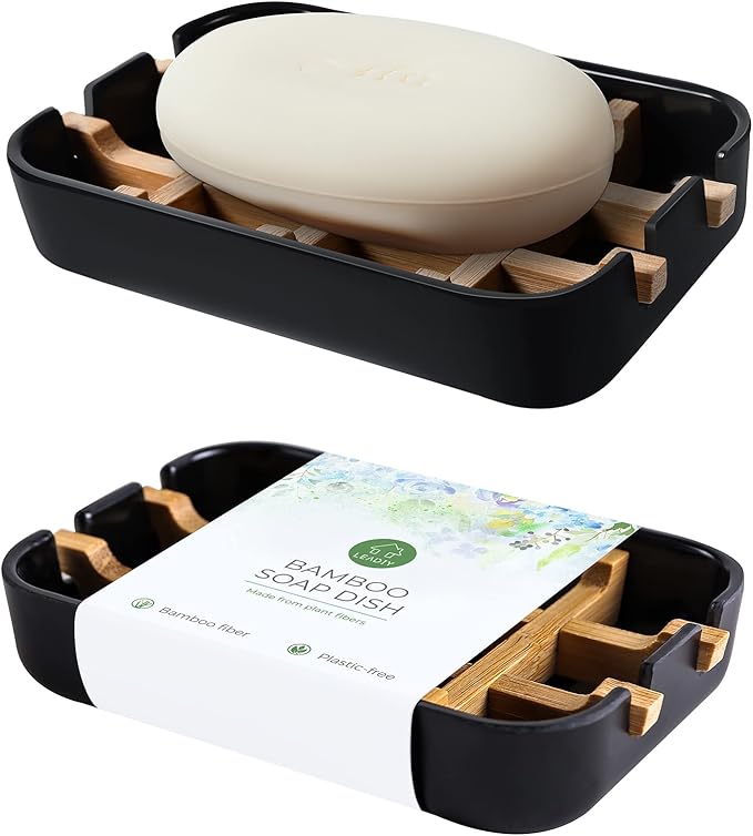 Bamboo Soap Dishes, 2-Pack Black Holder for Bathroom & Shower