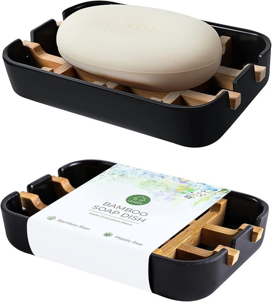 Bamboo Soap Dishes, 2-Pack Black Holder for Bathroom & Shower