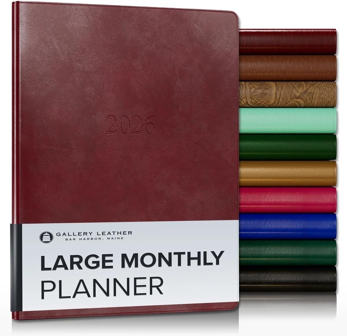 Gallery Leather Large Monthly Planner 2025-2026, Elegantly Bound Calendar Planner and Notebook with Stylish Gold-Gilded Page Edges, 18 Months - Acadia Deep Red - 9.75x7.5"