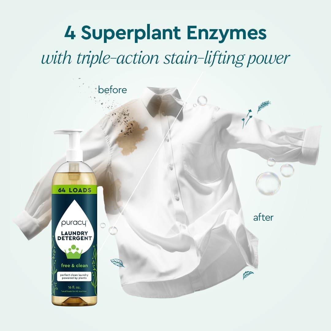 Puracy Laundry Detergent - Enzyme-Powered Liquid Laundry Detergent Concentrate, Natural Laundry Detergent Seen on TikTok, Non-Toxic (Free & Clear, 16 fl oz, 64 Loads)
