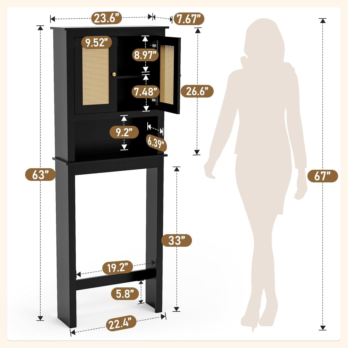 Over The Toilet Storage Cabinet, Behind Toilet Bathroom Organizer with Adjustable Shelves, Above Toilet Organizers with Barn Door, Space Saver for Restroom, Bathroom, Laundry