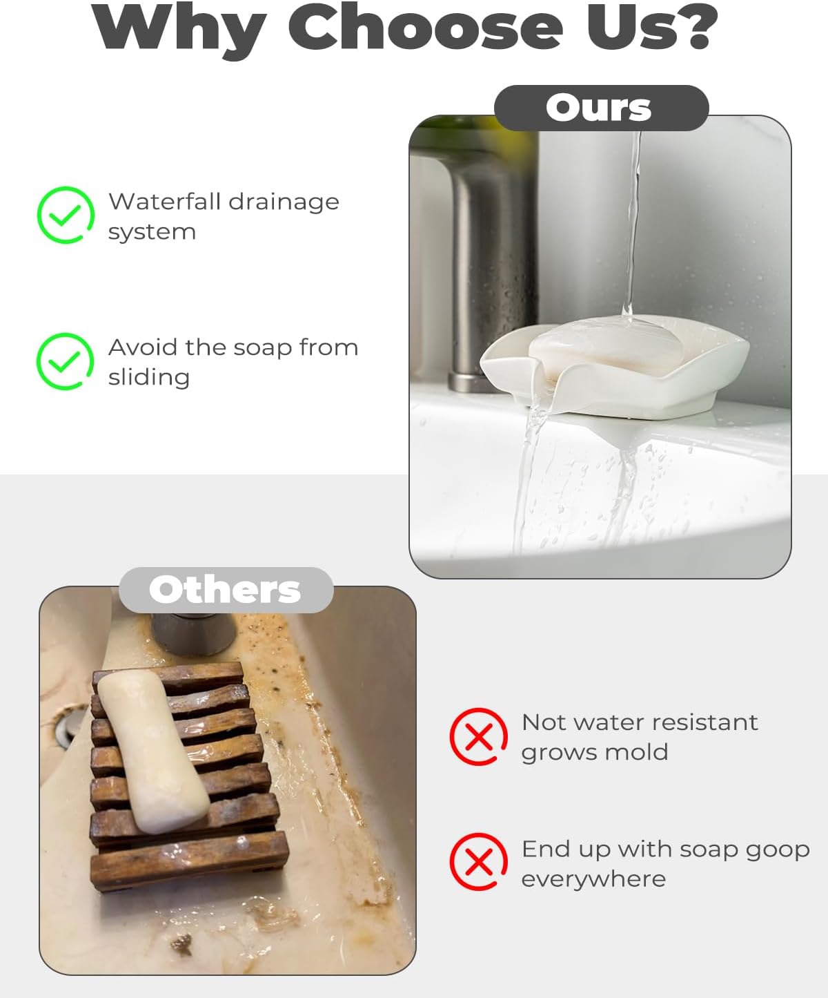 Soap Dish with Waterfall Design, Ceramic Soap Holder Self Draining Bar Soap Saver for Sink Bathroom Shower Kitchen to Keep Organized and Clean, White