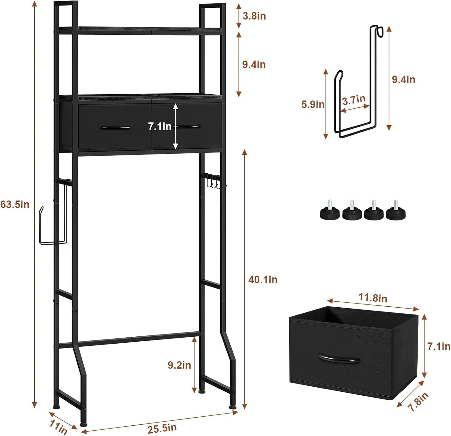 YBING Black Over The Toilet Storage Cabinet, Over Toilet Bathroom Organizer Freestanding, Above Toilet Storage Cabinet, Over Toilet Storage Shelf with Drawers